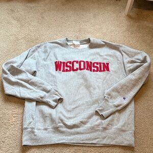 Champion Gray Crewneck Sweatshirt with Red Wisconsin Logo